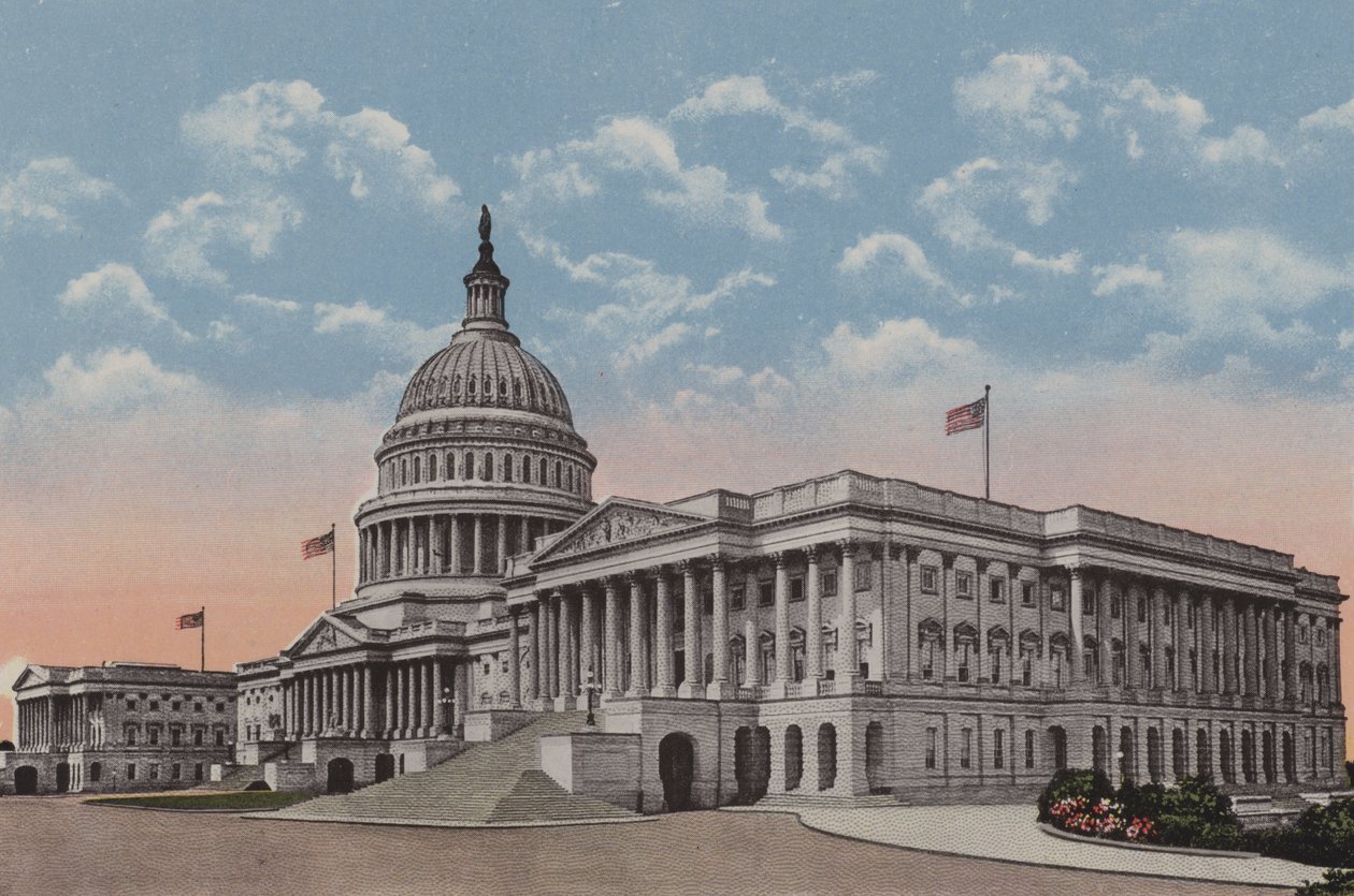 Het Capitool van de Verenigde Staten, Washington DC (kleurenlitho) door American School
