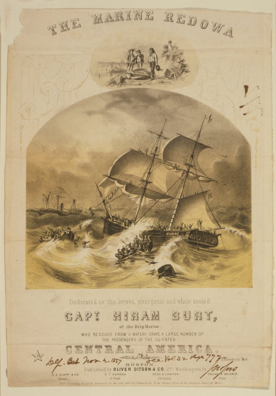 De brik Marine redt passagiers in reddingsboten van de stoomboot SS Central America na een orkaan voor de kust van de Carolinas in september 1857 door American School