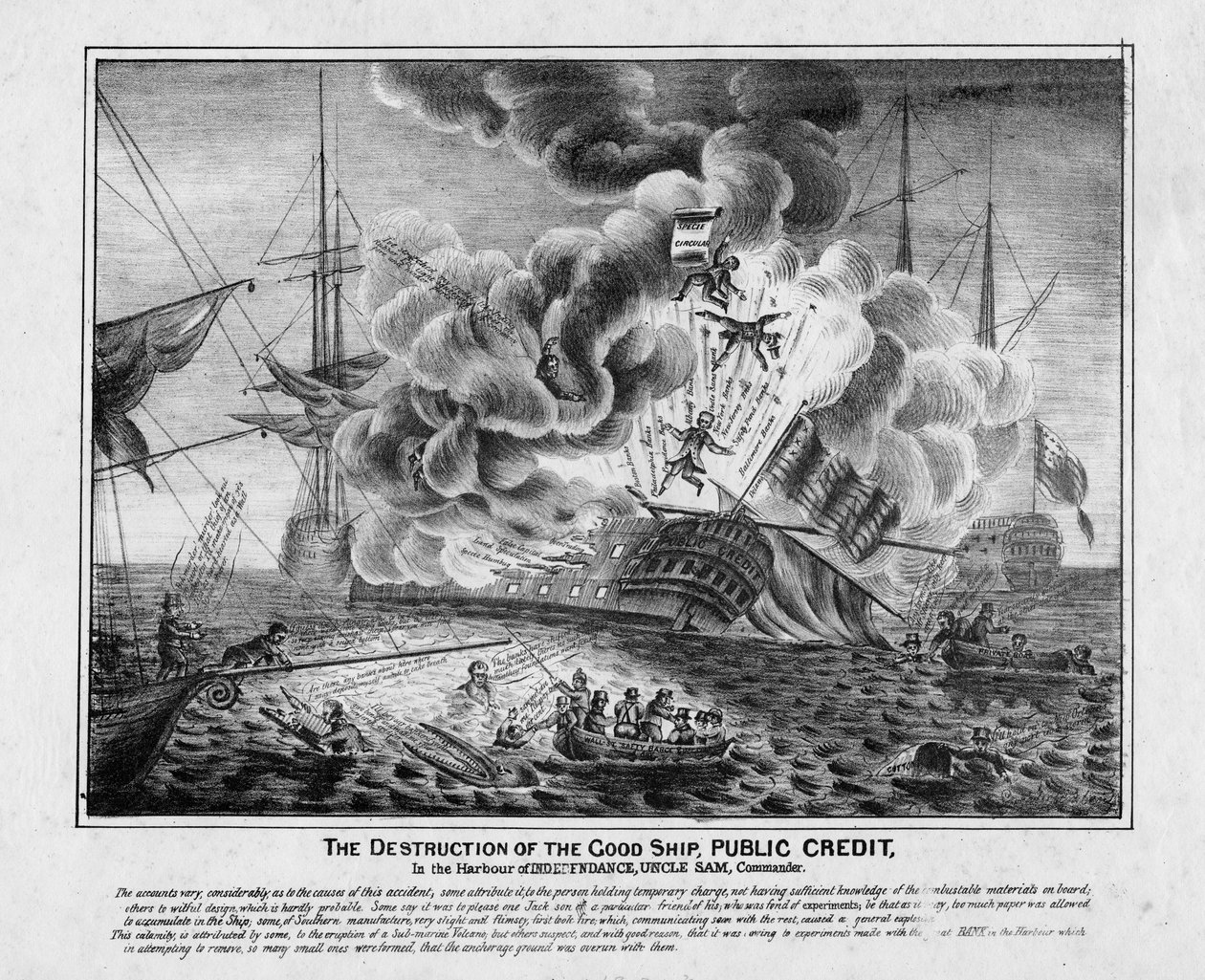 De vernietiging van het goede schip Public Credit, in de haven van Independence, Uncle Sam, Commandant, ca. 1836 door American School