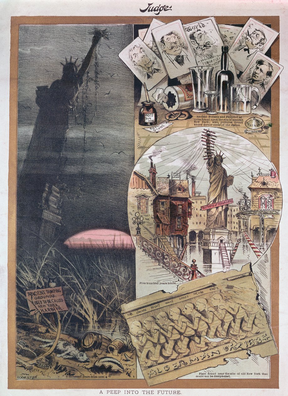 De toekomst van het Vrijheidsbeeld, karikatuur uit Judge magazine rond de tijd van de bouw in 1886 door American School