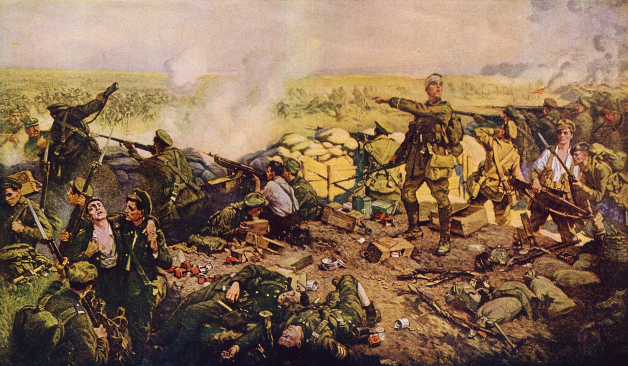 De ontembare Canadezen tijdens de beroemde Slag om Ieper (kleurenlitho) door American School