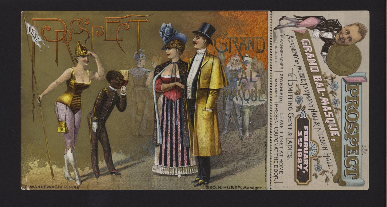 Kaartje en coupon voor het grote gemaskerde bal van de Prospect Association in de Academy of Music, Tammany Hall en Nilsson Hall, New York (chromolitho) door American School