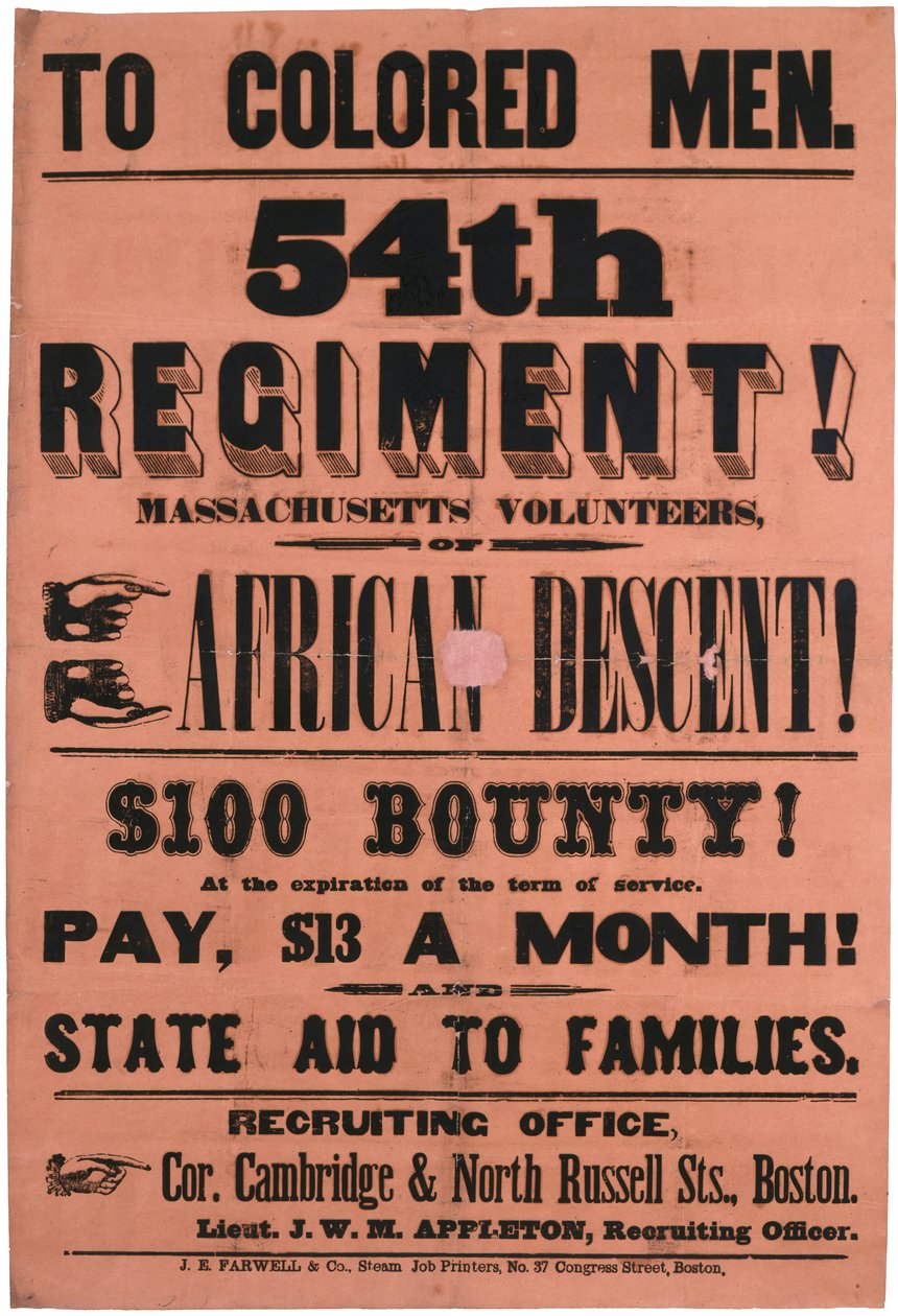 Aan Gekleurde Mannen. 54e Regiment! Massachusetts Vrijwilligers, Van Afrikaanse Afkomst, 1863 door American School