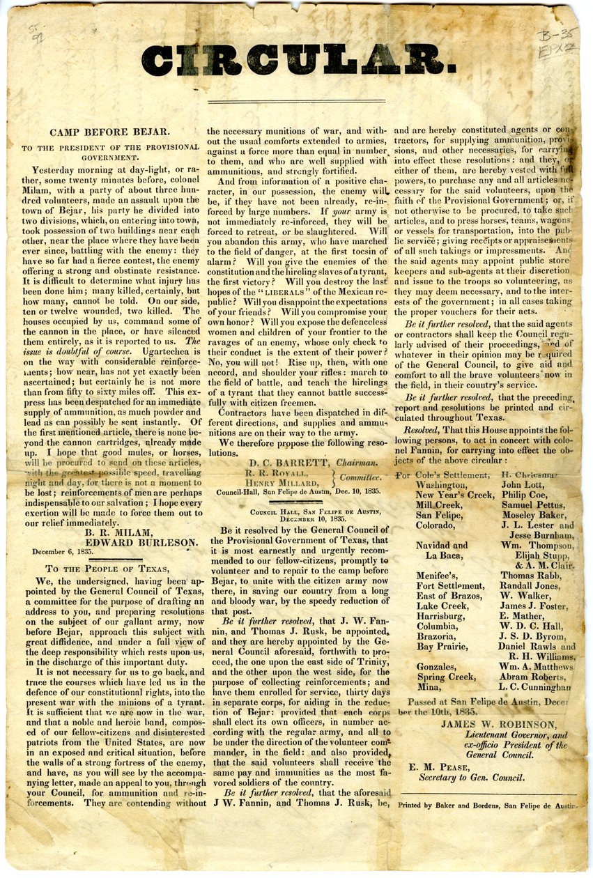 Aan het volk van Texas over de belegering van het Mexicaanse garnizoen in San Antonio de Bexar, 10 december 1835 door American School
