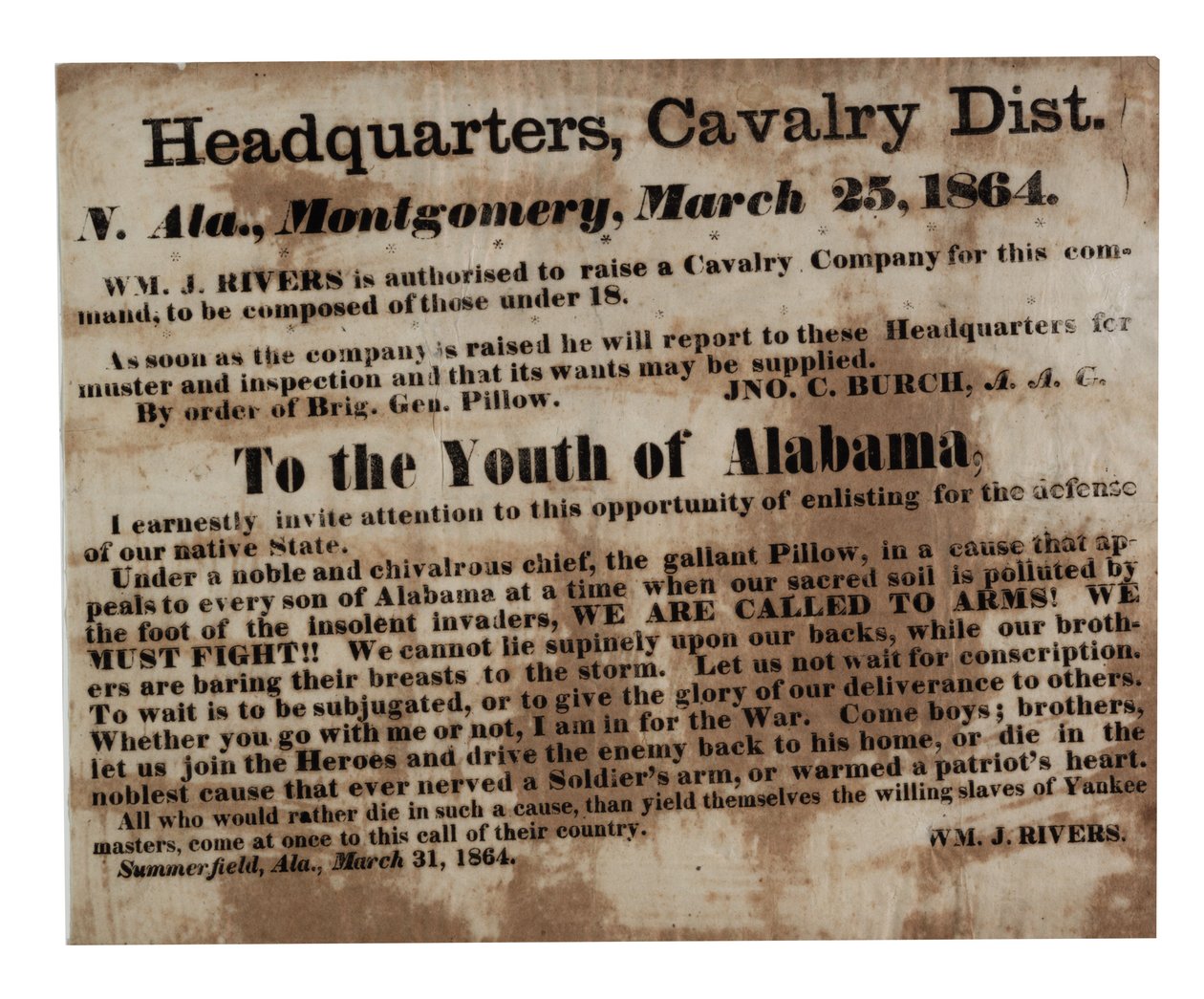 Aan de jeugd van Alabama: We roepen op tot wapens! (wervingsaffiche), 25 maart 1864 door American School