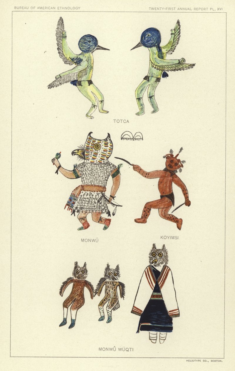 Totca, Monwu, Koyimsi, Monwu Wuqti (kleurenlitho) door American School