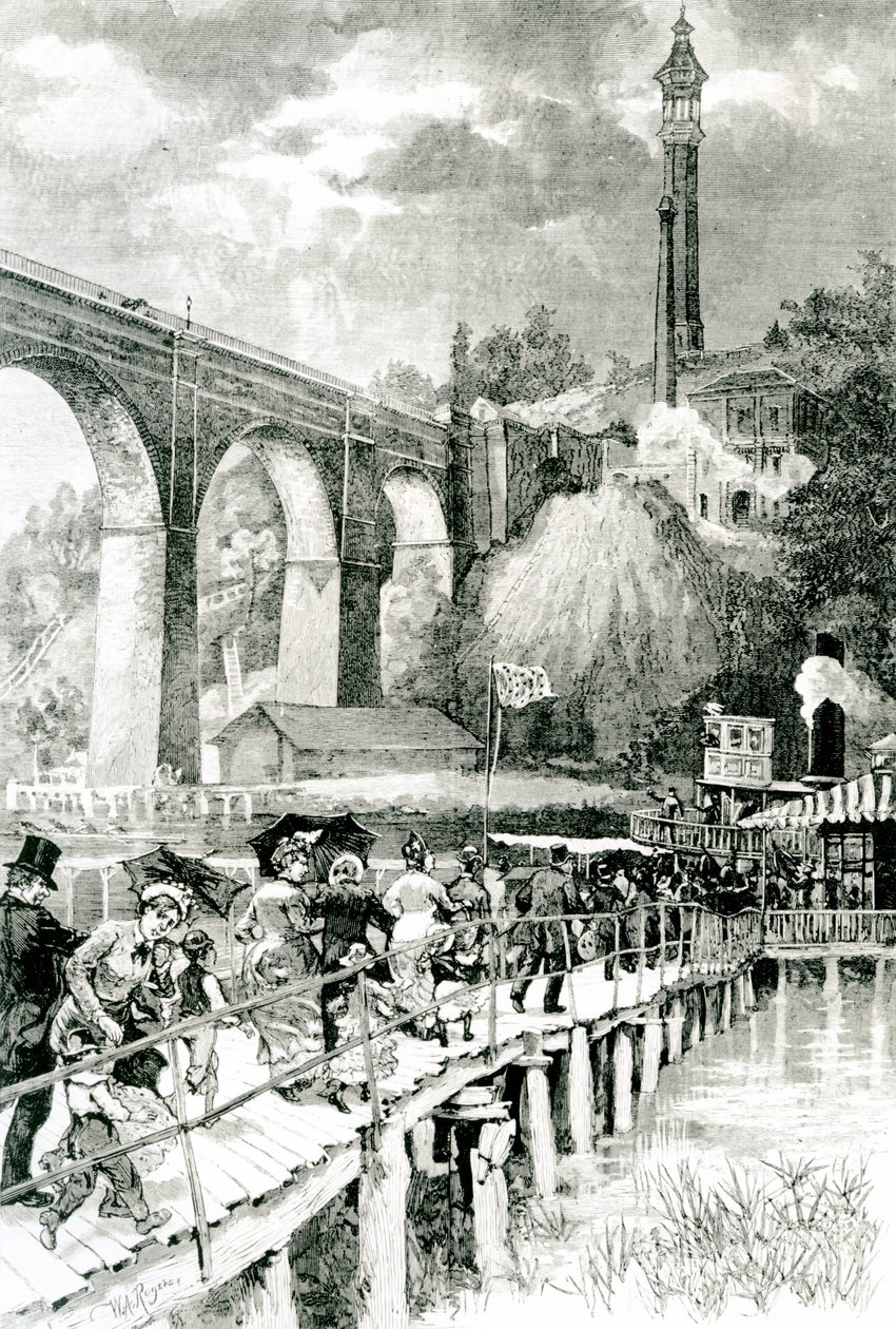 Toeristen keren terug naar hun stoomboot op de Harlem River, met High Bridge links, gegraveerd door W.A Rogers voor Harpers Weekly, 24 juli 1880 door American School