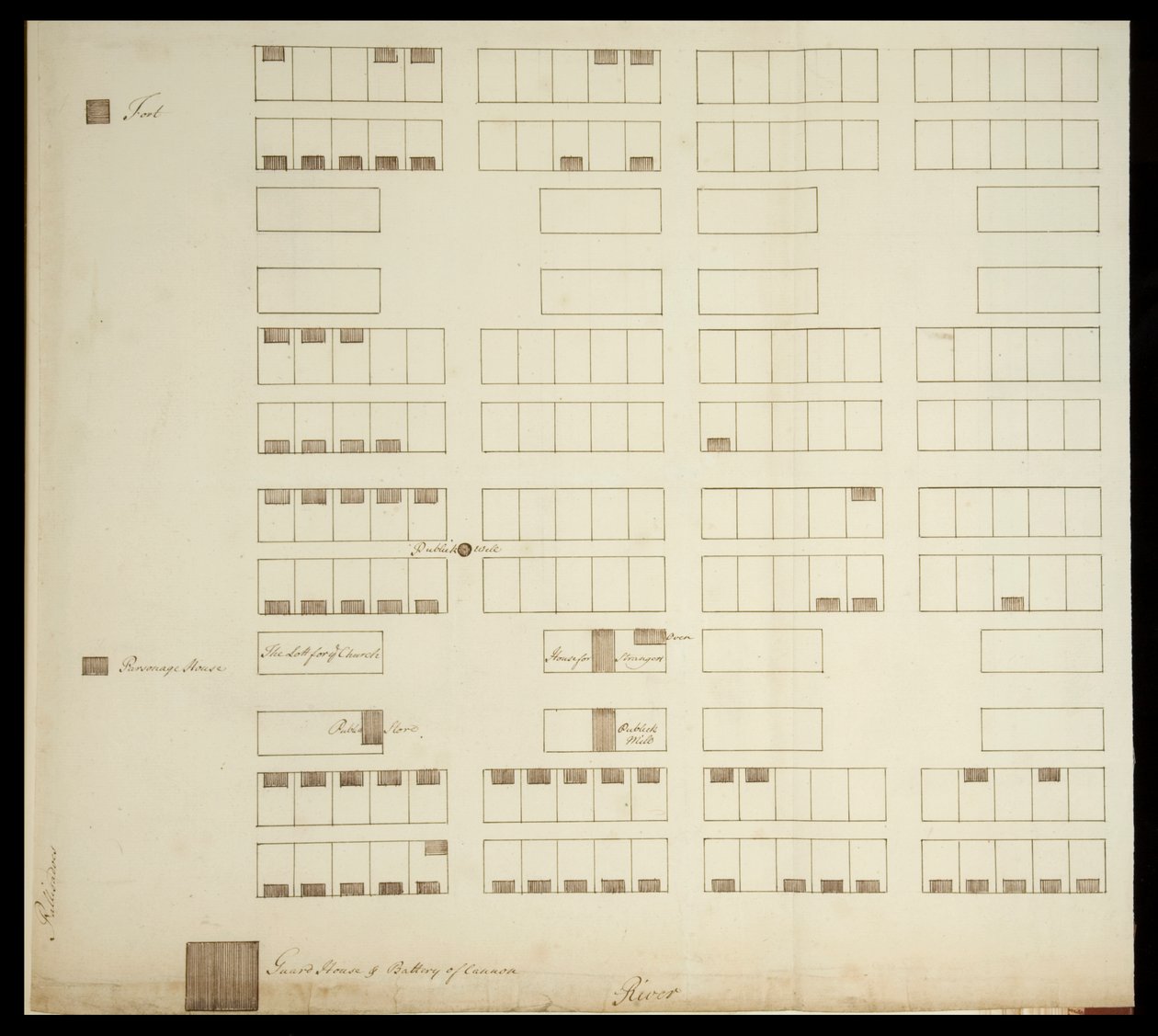 Stadsplan van Savannah, c.1733 (pen & inkt op papier) door American School