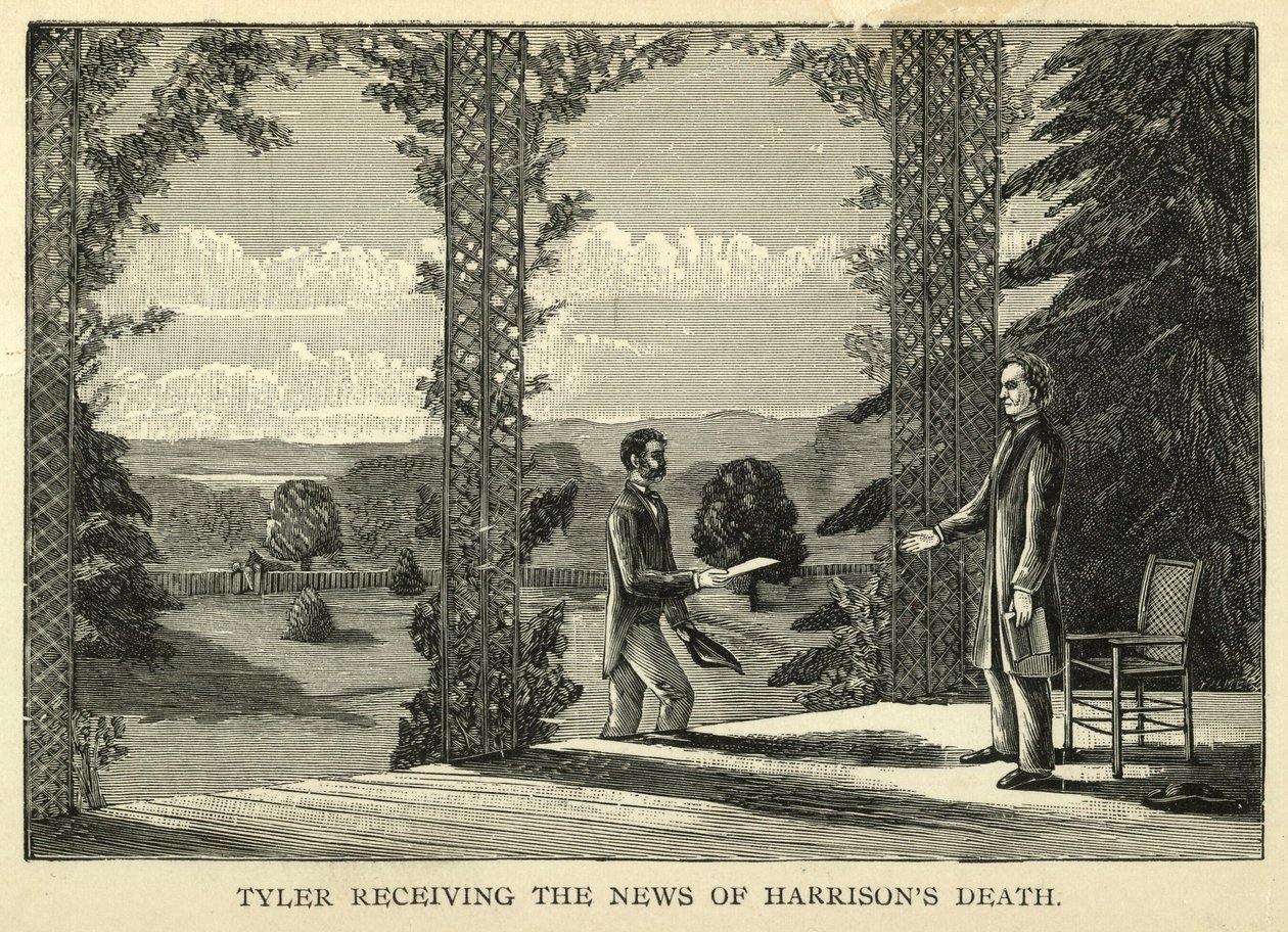 Tyler ontvangt het nieuws van de dood van Harrison, pub.1888 (gravure) door American School