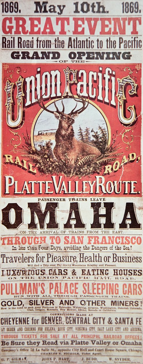 Union Pacific Railroad poster die de eerste transcontinentale spoorlijn door de VS adverteert door American School