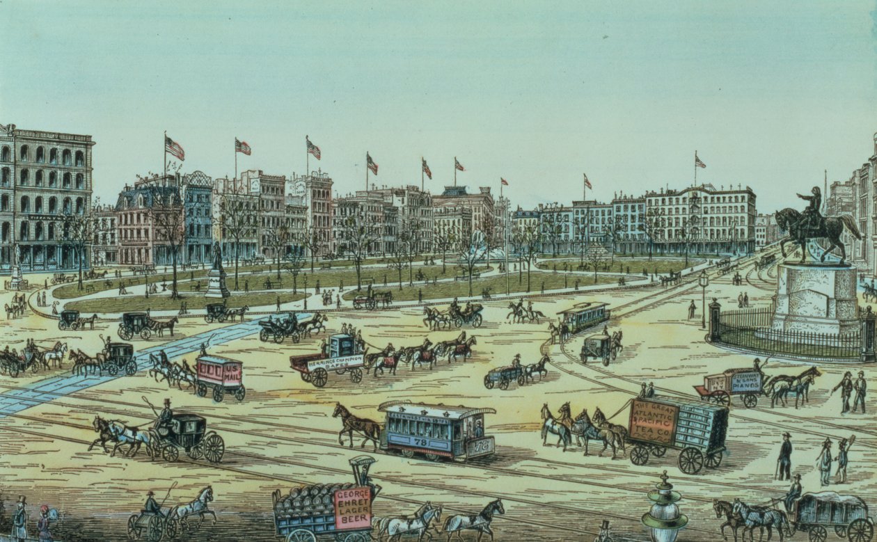 Union Square en Veertiende Straat tot Zeventiende Straat, uit een serie van 48 Zichten van New York en Omgeving, uitgegeven door Charles Magnus door American School