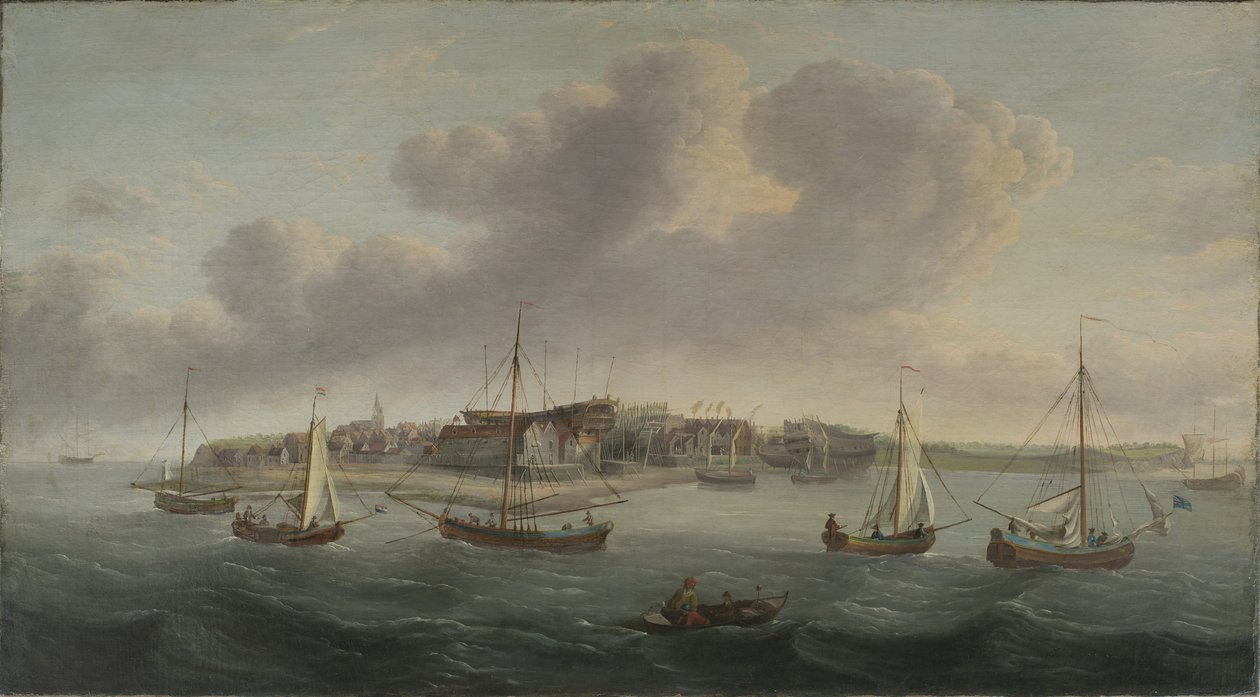 Uitzicht op een havenstad, 1760 door American School