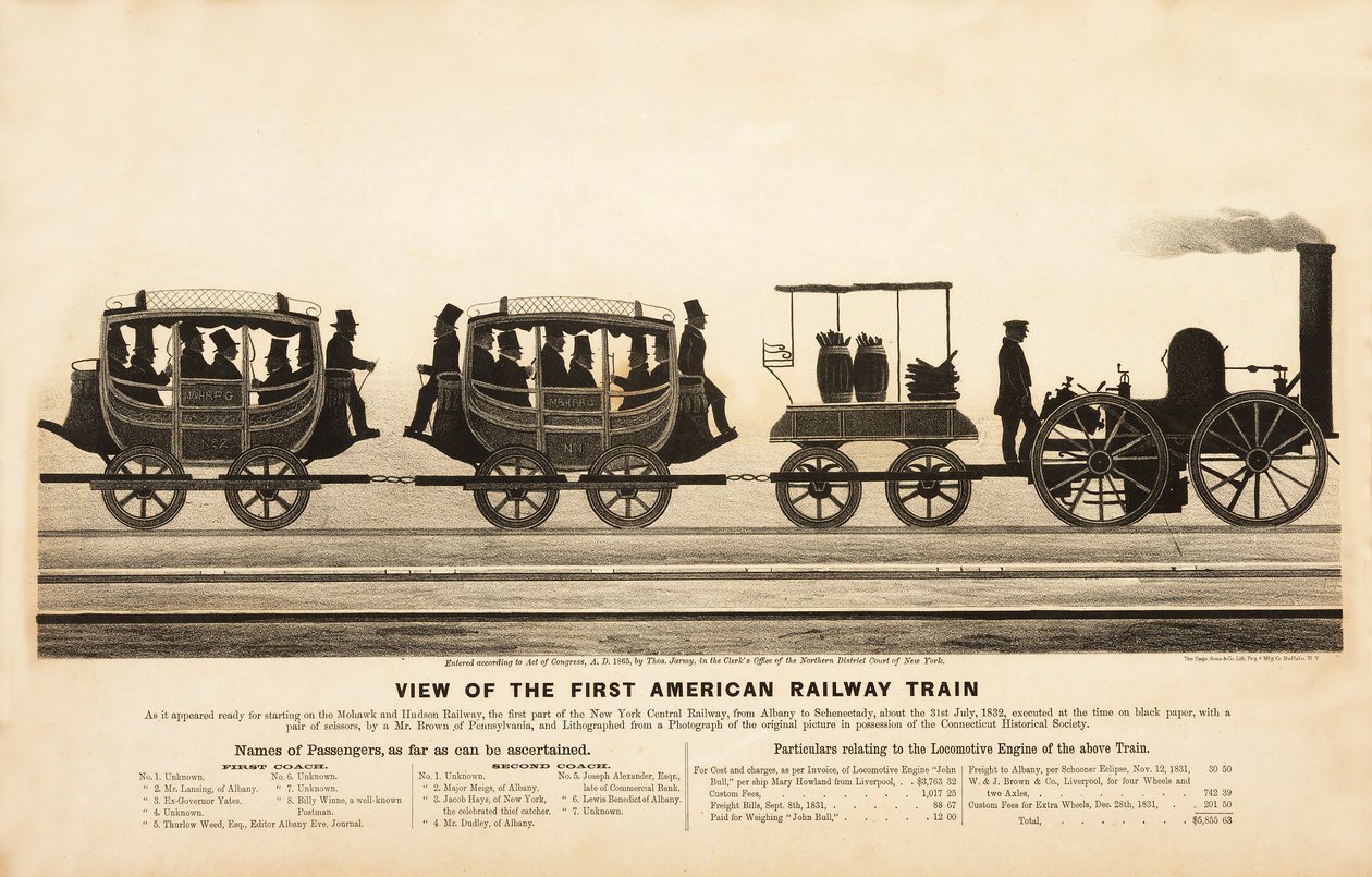 Uitzicht op de eerste Amerikaanse trein, pub. 1865 door American School