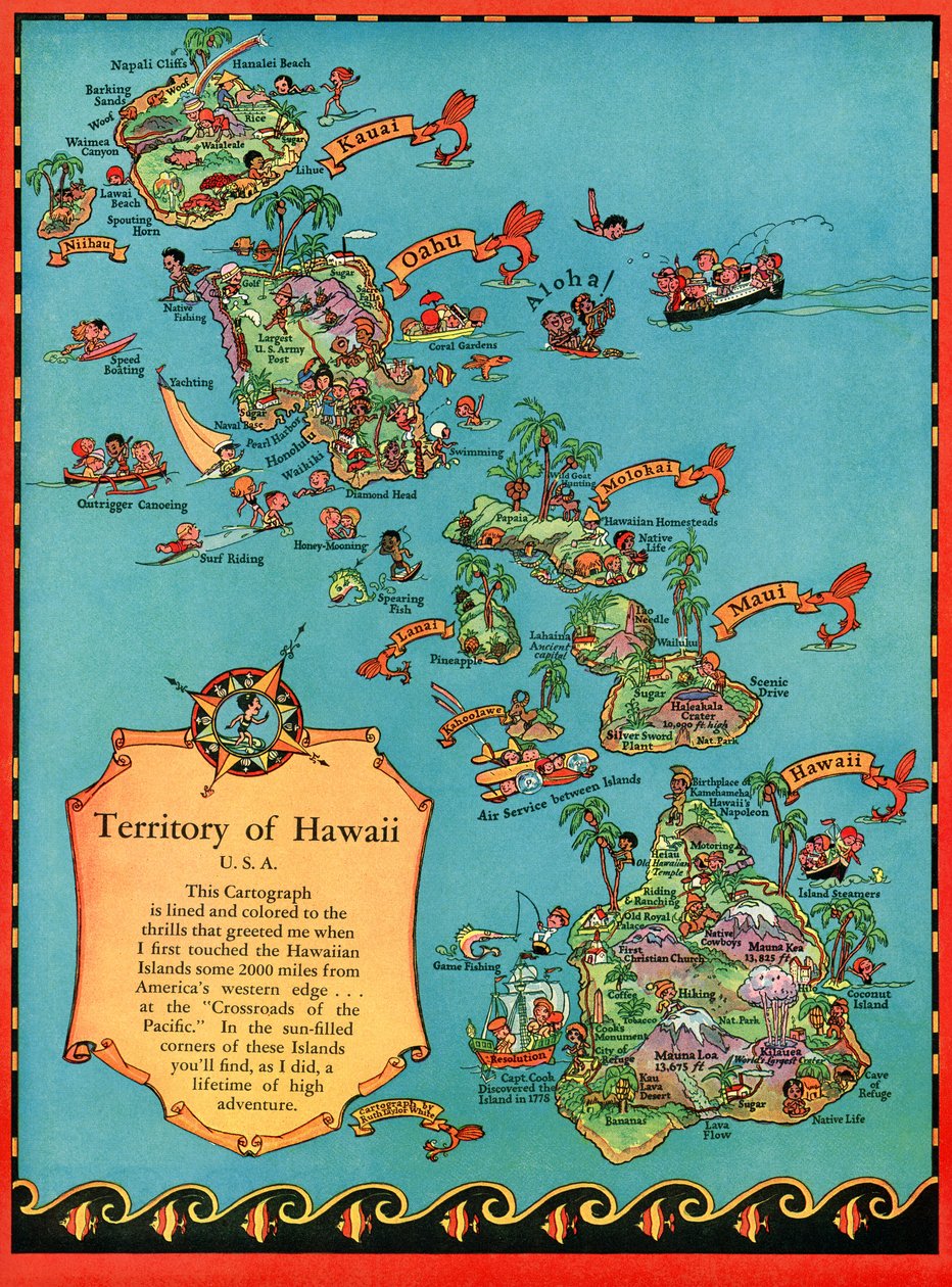 Vintage Toeristenkaart van Hawaï door American School