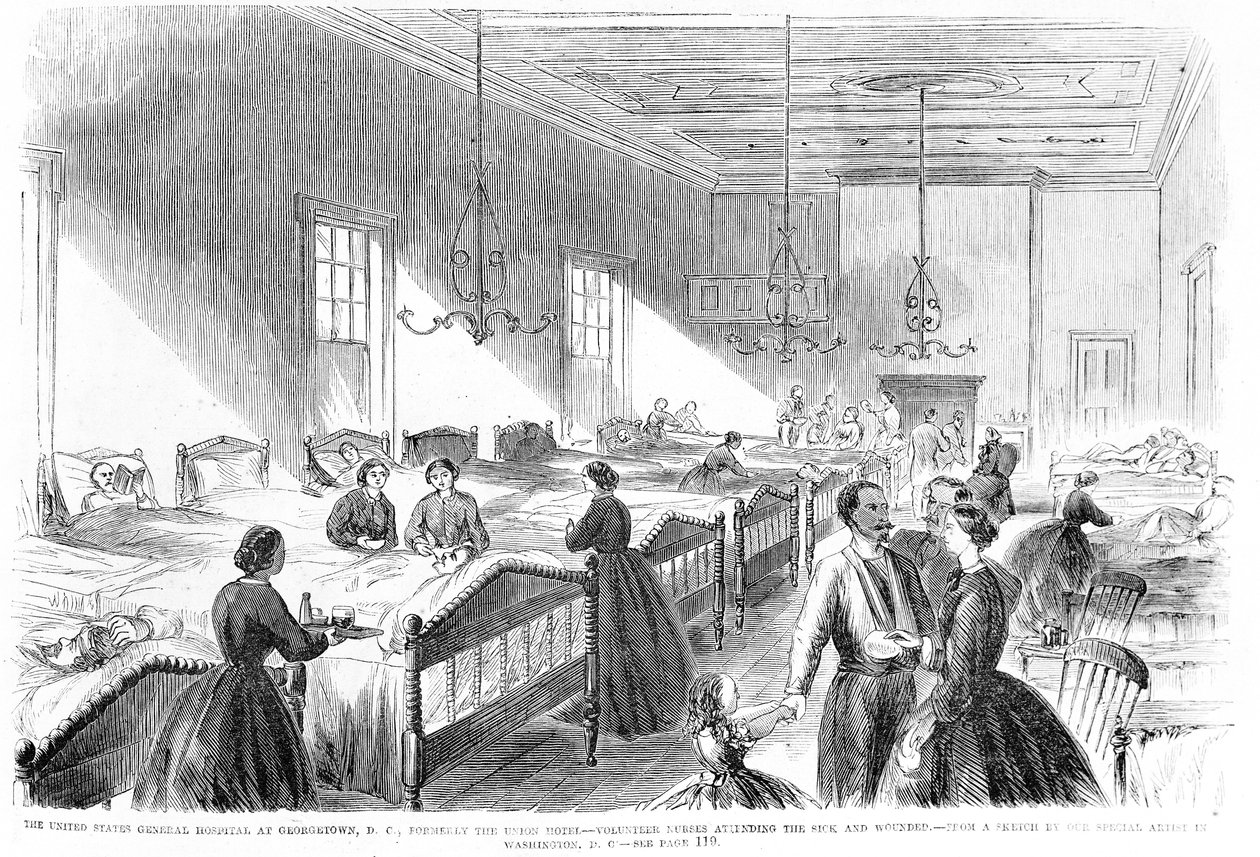 Vrijwillige verpleegsters die de zieken verzorgen in het US General Hospital in Georgetown, uit Frank Leslies Illustrated Newspaper, 6 juli 1861 door American School