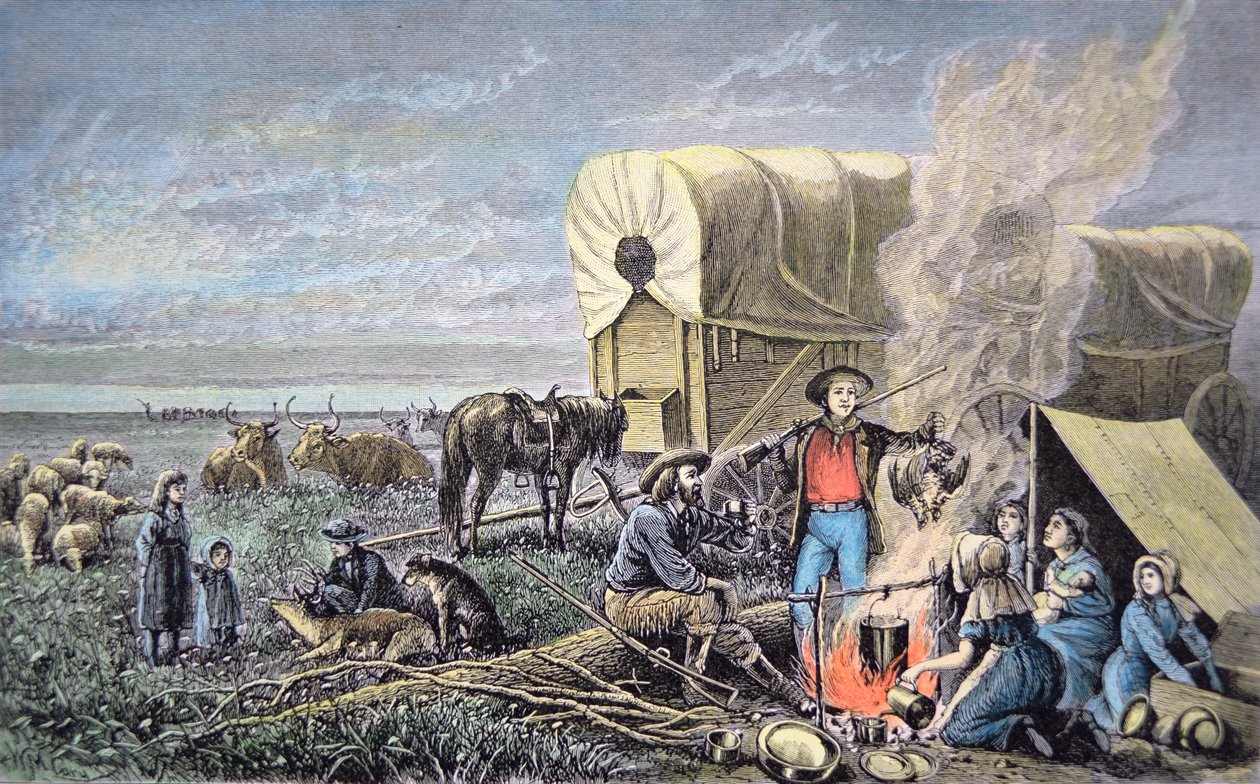 Wagenemigranten naar het westen (gekleurde gravure) door American School