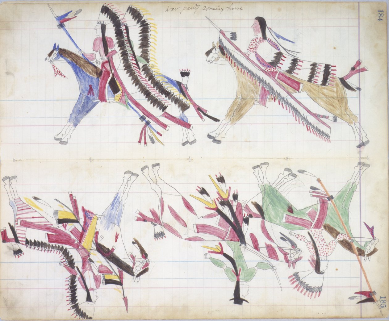 Oorlogsgroep komt thuis, illustratie uit het Black Horse Ledger, 1877-79 door American School