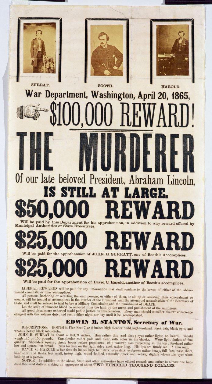 Washington Oorlogsdepartement poster met aankondiging van een beloning van $100.000 voor het vinden van de moordenaar van Abraham Lincoln, 20 april 1865 door American School
