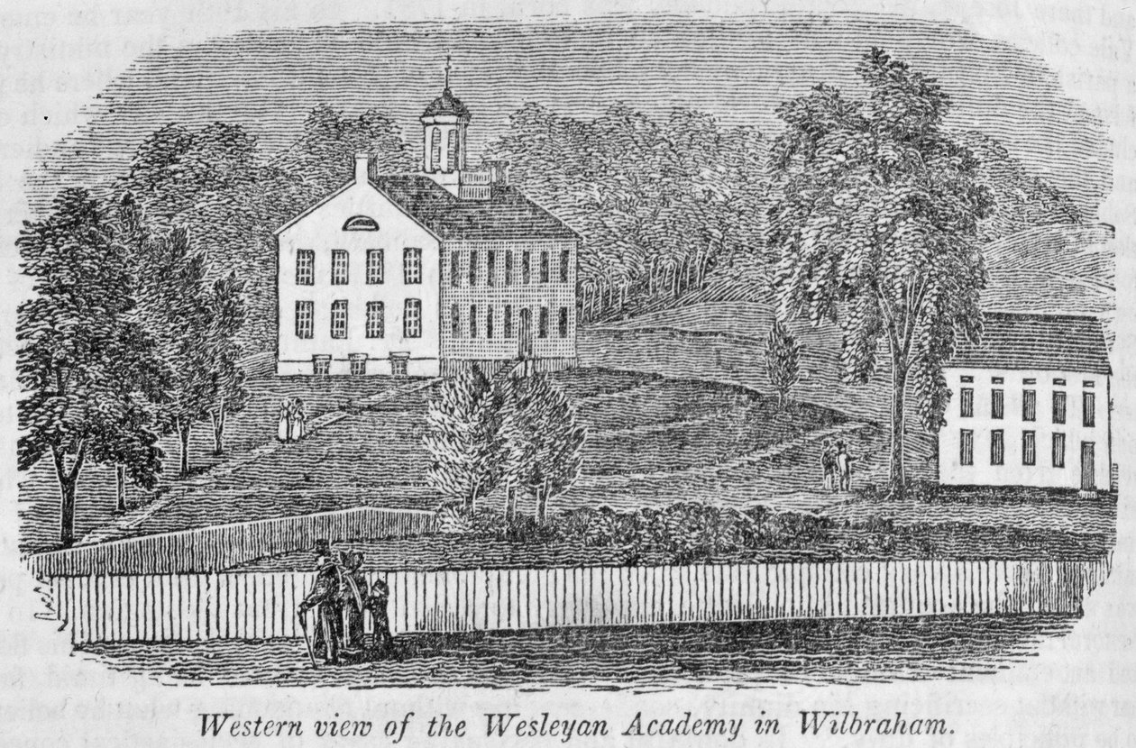 Westelijk uitzicht van de Wesleyan Academy in Wilbraham, uit 