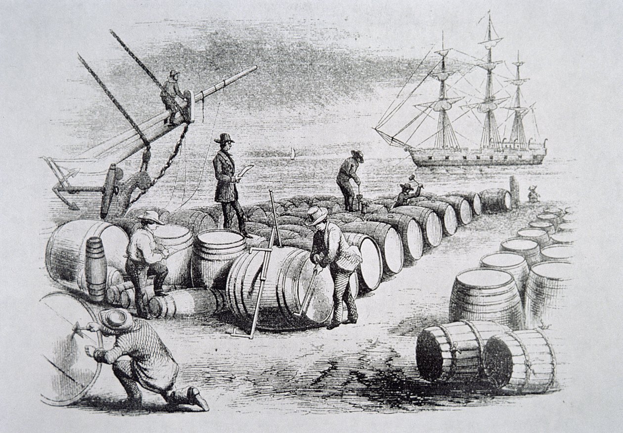 Walvisjagers meten olie in vaten, uit The American Whale Fishery, ca. 1850 door American School