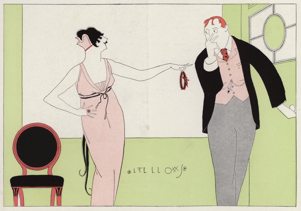 Vrouw beschuldigt haar man van ontrouw, een scène uit het korte verhaal Circumstantial Tokens van J A Waldron (kleurenlitho) door American School