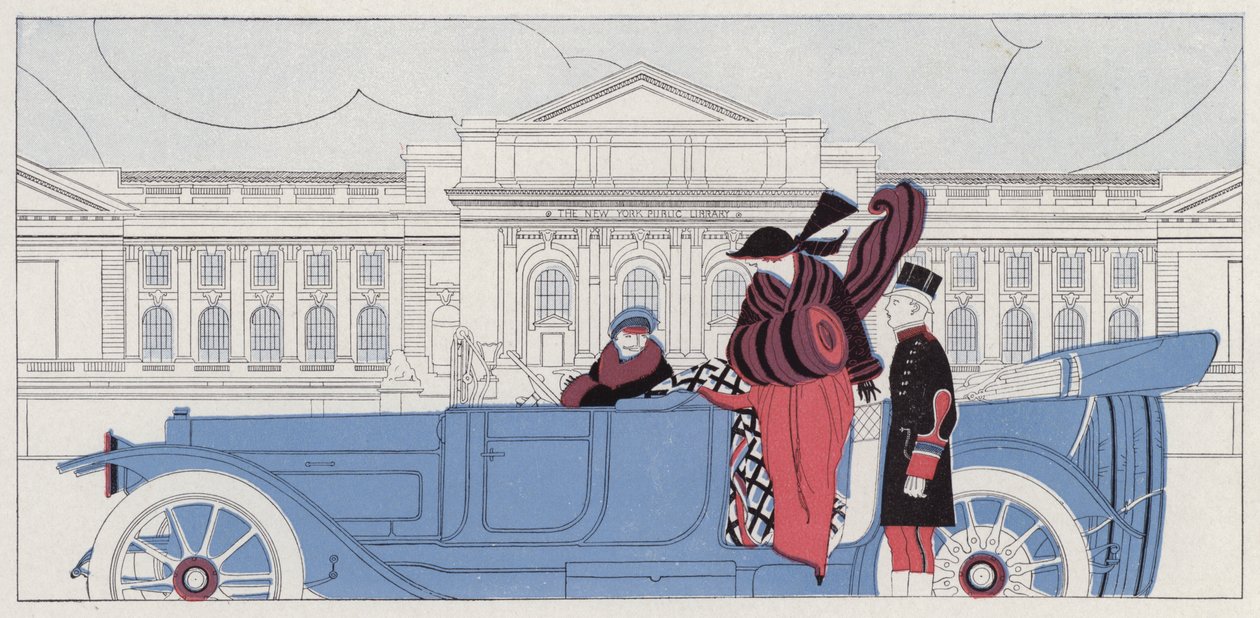 Vrouw die verliefd wordt op haar chauffeur, een scène uit het korte verhaal Taking Chances van J A Waldron (kleurenlitho) door American School