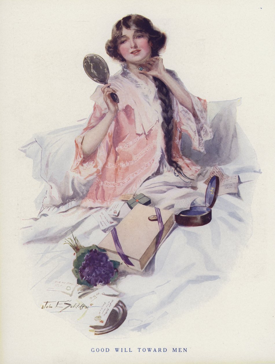 Vrouw bekijkt geschenken van haar mannelijke aanbidders (kleurenlitho) door American School