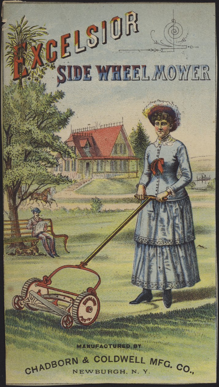Vrouw die het gras maait (chromolitho) door American School