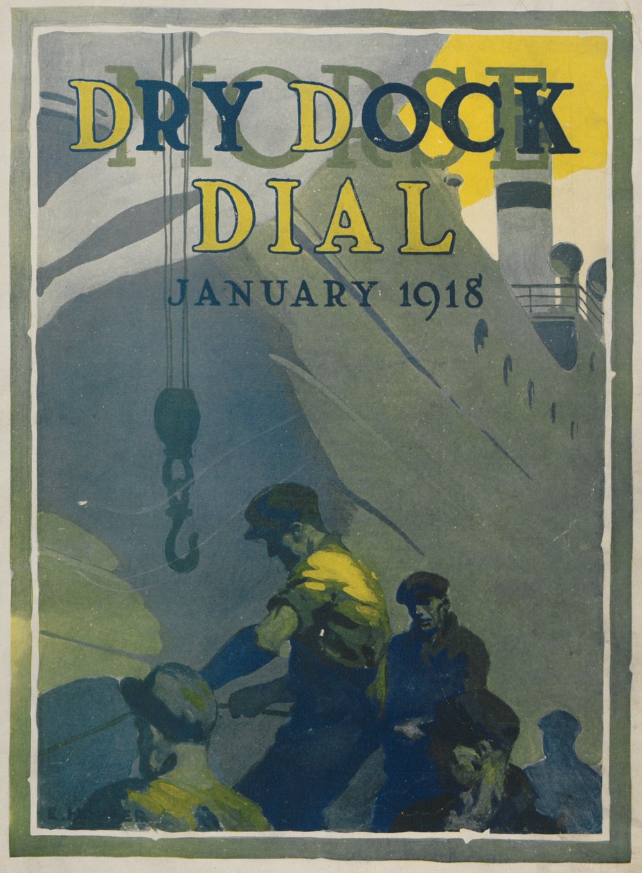Arbeiders in Morse scheepswerf, voorpagina van de Morse Dry Dock Dial, januari 1918 door American School