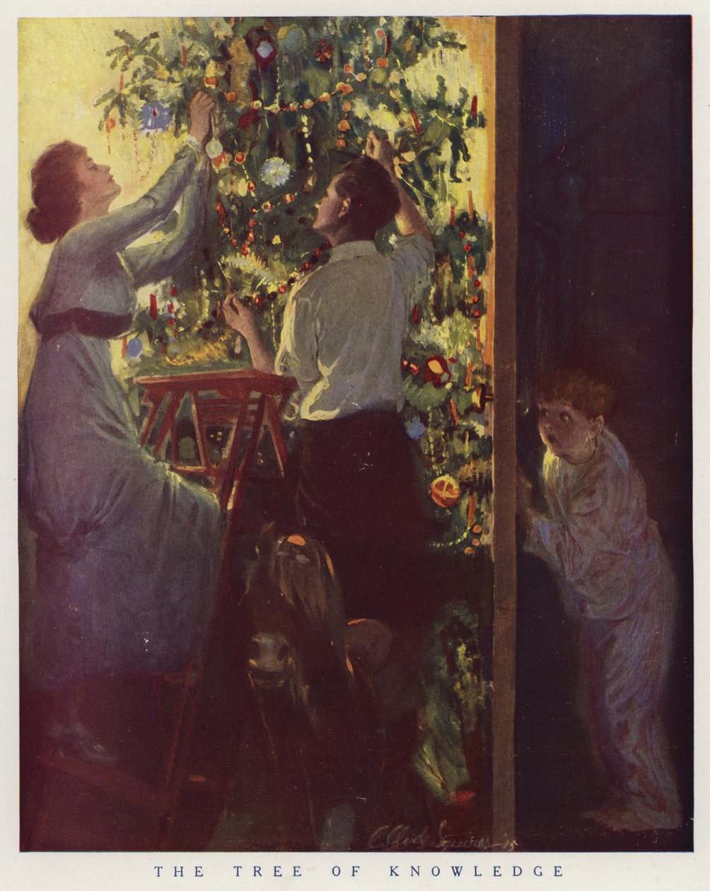 Jongetje verstopt zich achter de deur terwijl zijn familie de kerstboom versiert (kleurenlitho) door American School