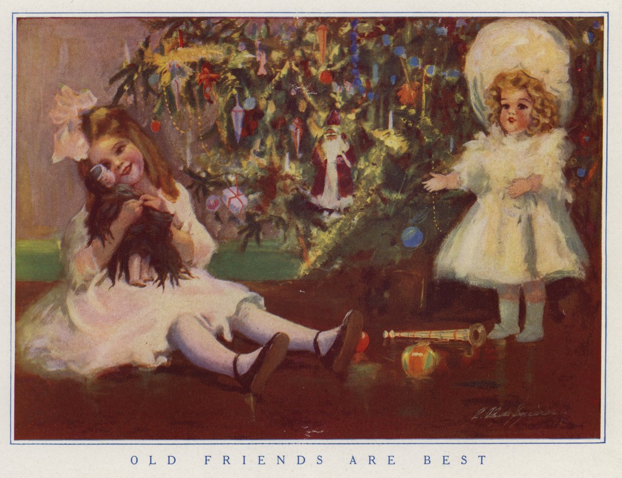 Jong meisje houdt haar oude pop vast in plaats van de nieuwe die ze voor kerst heeft gekregen (kleurenlitho) door American School