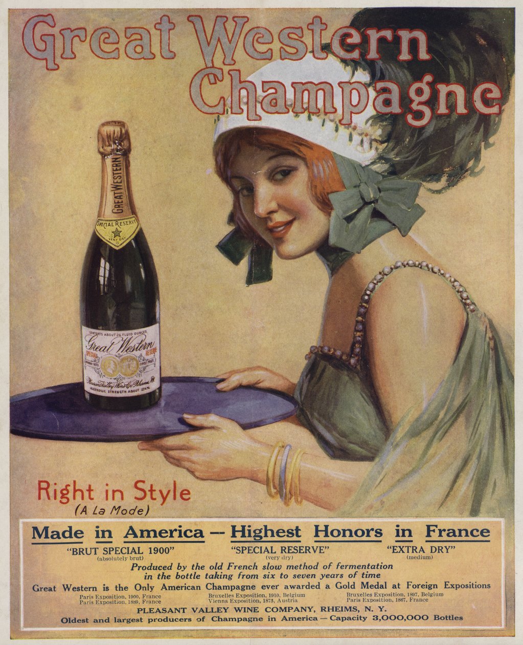 Jonge vrouw met een fles champagne, reclame voor Great Western Champagne (kleurenlitho) door American School