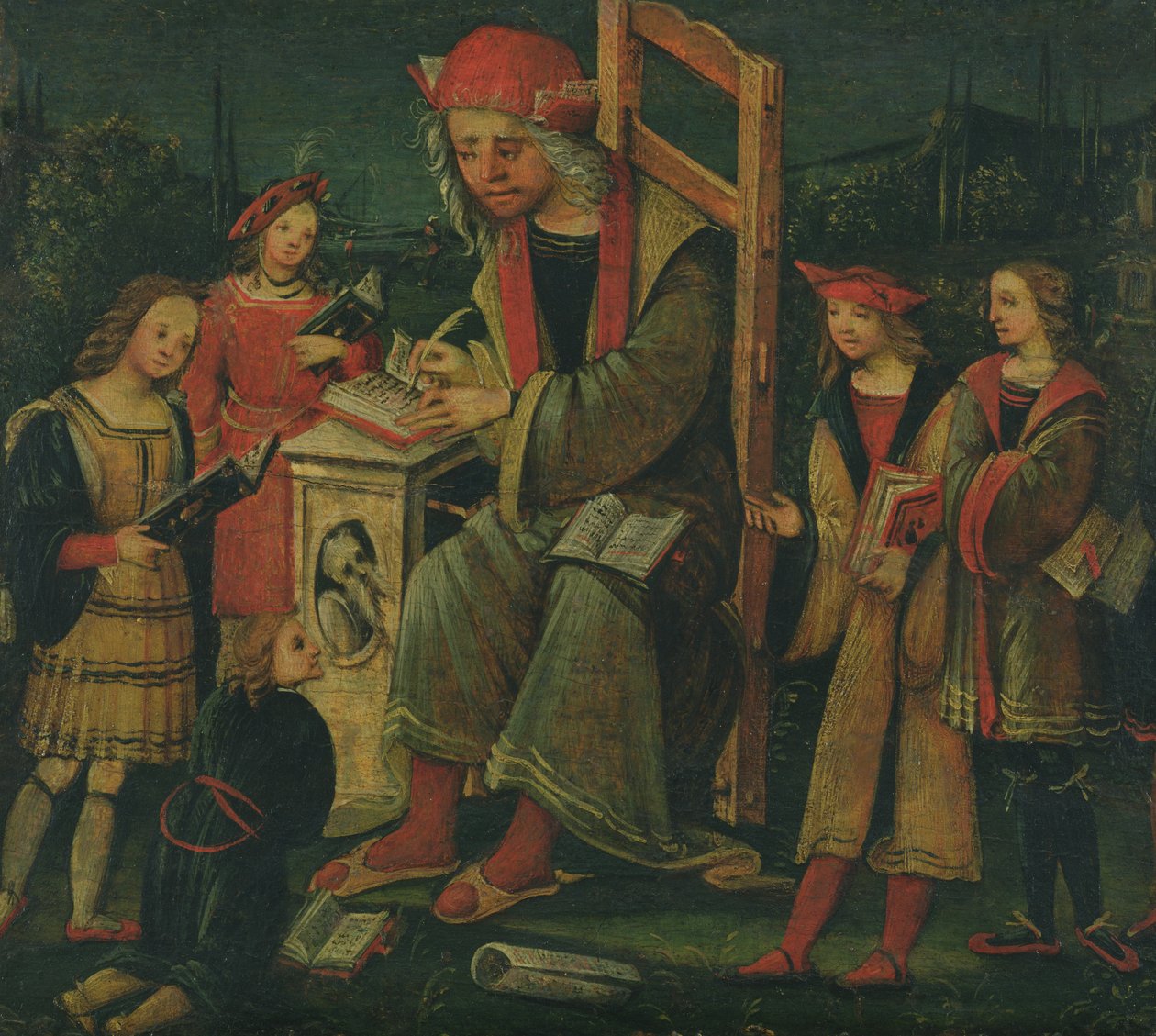 Sint-Cassianus in zijn stoel, omringd door zijn studenten door Amico Aspertini