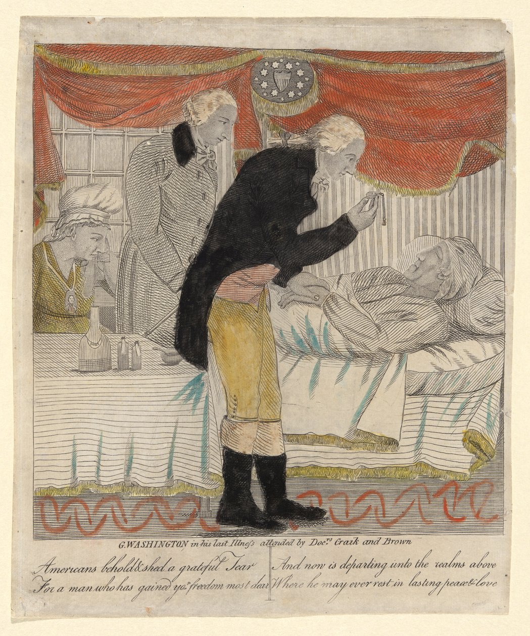G. Washington in zijn laatste Ziekte, verzorgd door Dokters Craik en Brown door Amos Doolittle
