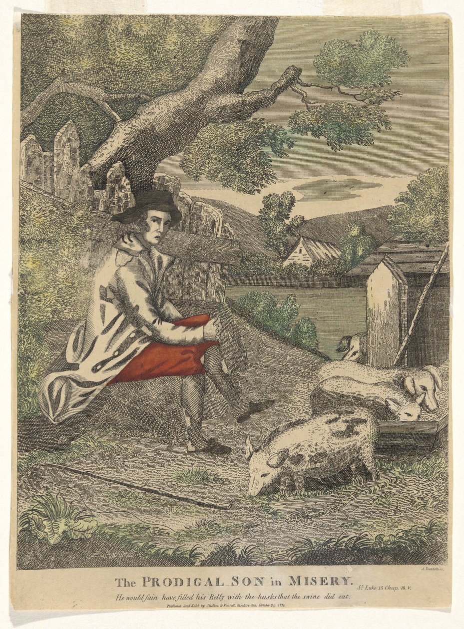 De Verloren Zoon in Ellende (Hij zou graag zijn buik gevuld hebben met de schillen die de varkens aten - St. Lucas 15:16) door Amos Doolittle
