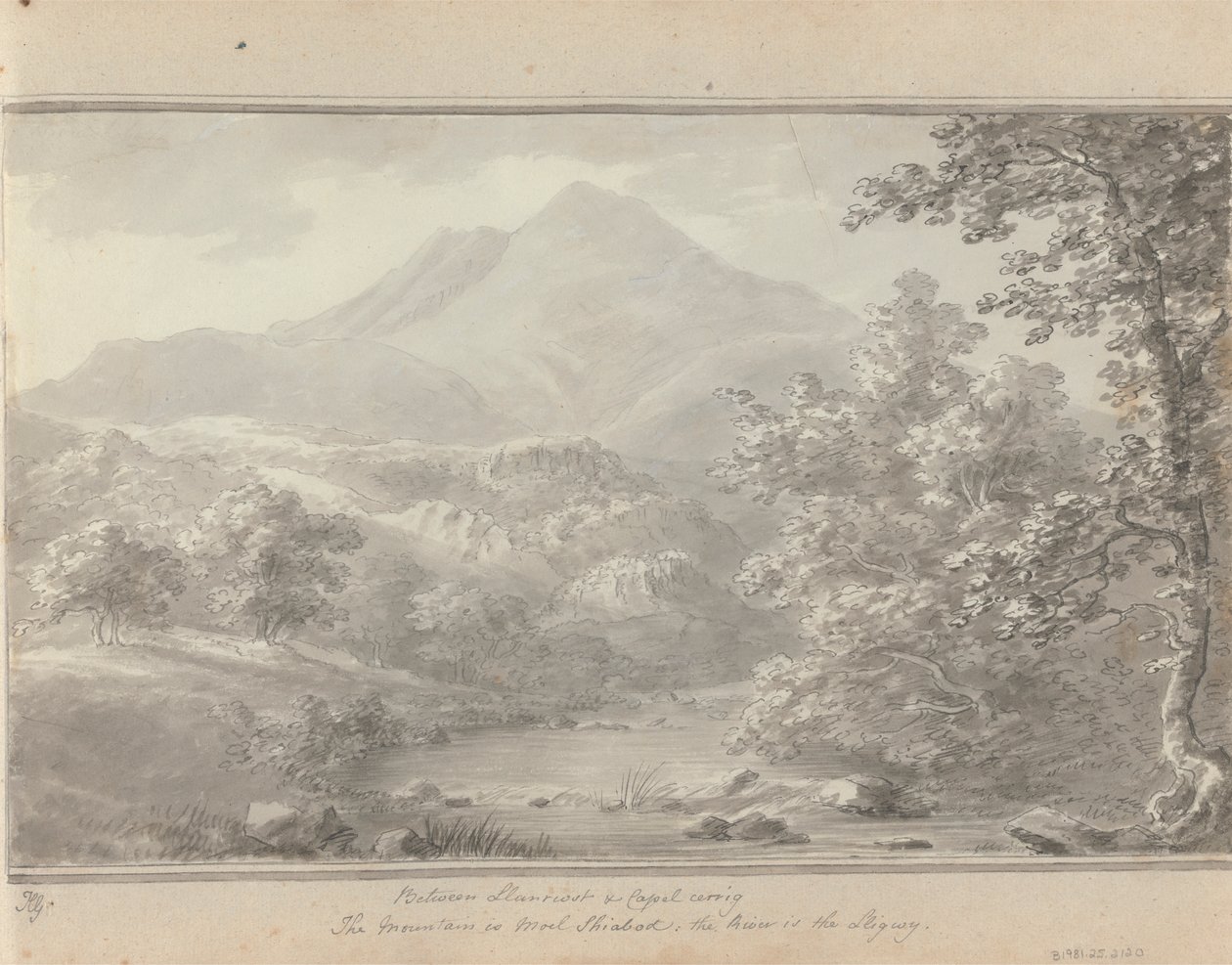 Uitzichten in Engeland, Schotland en Wales: Tussen Llanrwst en Capel Cerrig, de berg is Moel Shiabod, de rivier is Lligwy door Amos Green
