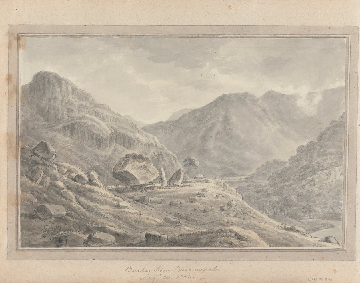 Uitzichten in Engeland, Schotland en Wales: Bowdar Stone Borrowdale, 30 augustus 1802 door Amos Green
