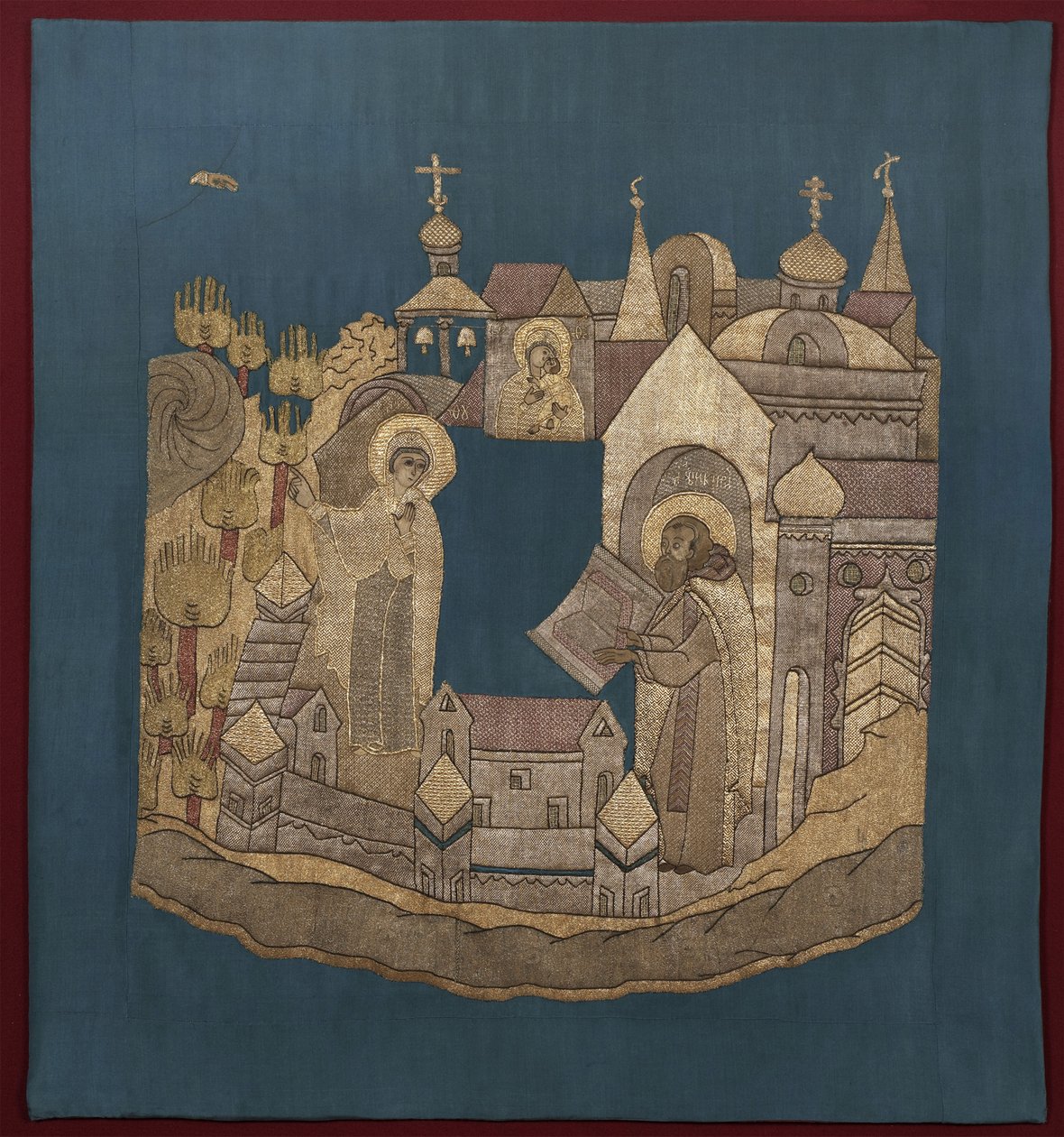 Verschijning van de Moeder Gods aan Sint Cyril van Belozersk in het Simonov-klooster Podea, 1620-1635 door Ancient Russian Art