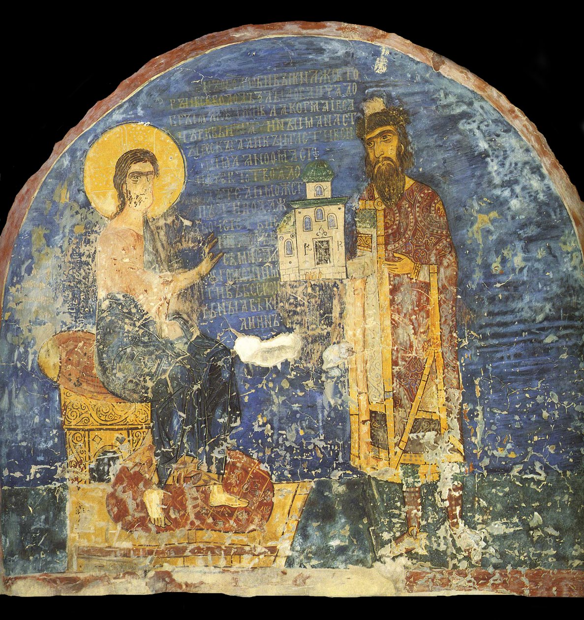 Grootvorst Jaroslav II Vsevolodovich met model van de Nereditsa-kerk voor Christus, 12e eeuw door Ancient Russian frescos