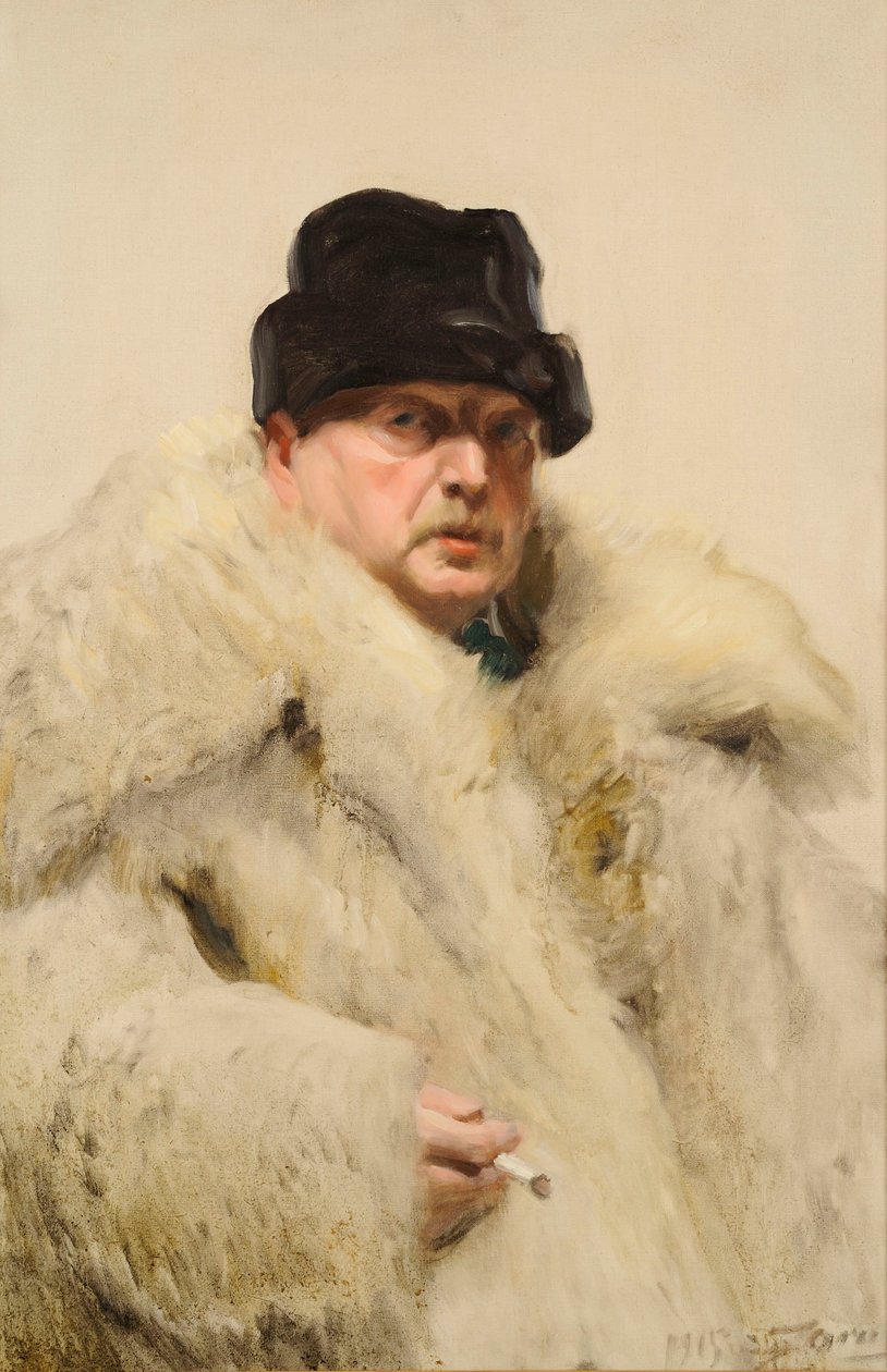 Zelfportret in wolfshuidjas door Anders Leonard Zorn