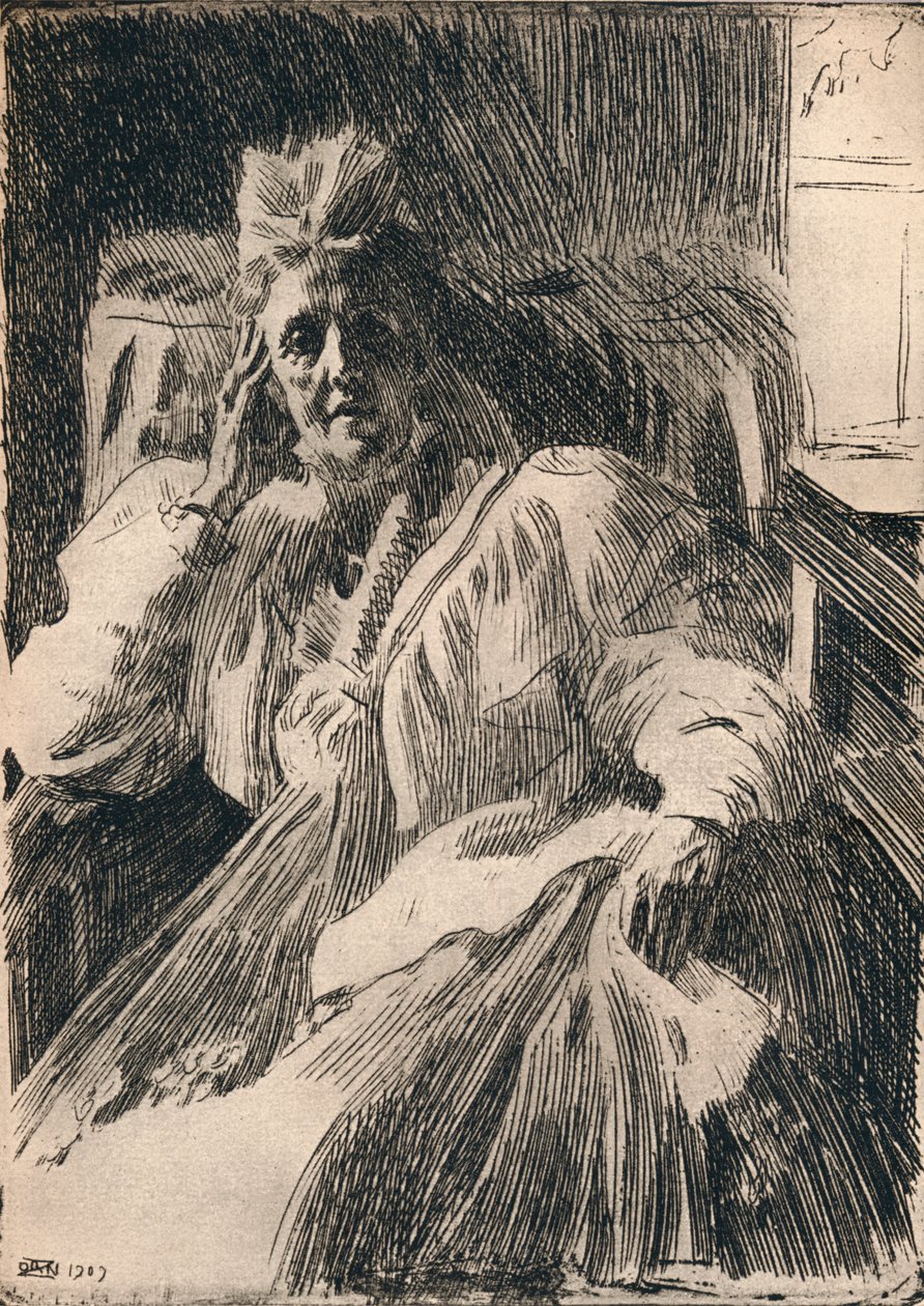 Een Ets van de Weduwe Koningin van Zweden door Anders Leonard Zorn