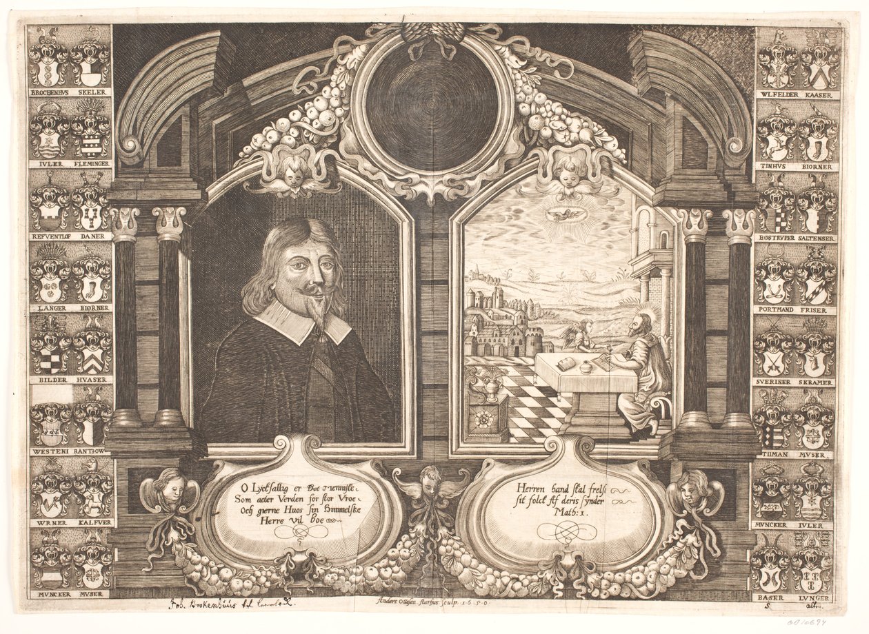 Johan Brockenhuus en scène met de evangelist Matteüs. Voor Lijkpreek door Anders Ottesen