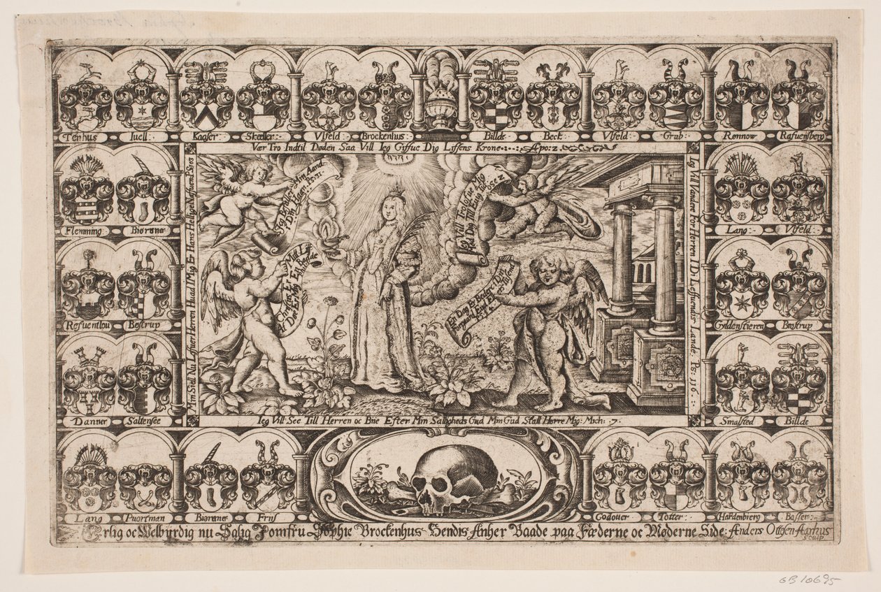 Sophie Brockenhuus en vier genieën, omgeven door wapenschilden. Uit lijkrede door Anders Ottesen