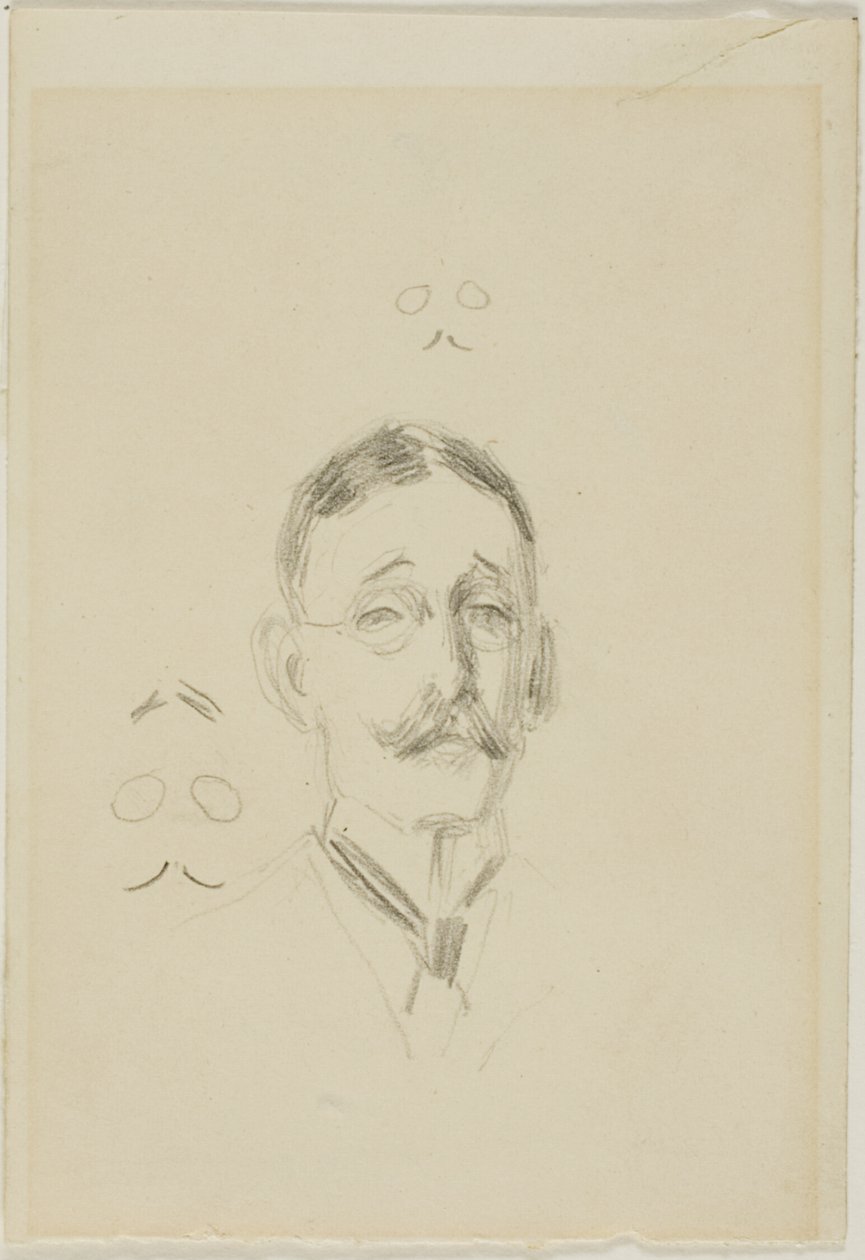 Hoofd van een man met bril met twee schetsen door Anders Zorn