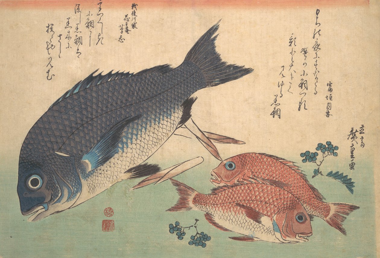Kurodai en Kodai Vis met Bamboescheuten en Bessen, uit de serie Uozukushi Every V..., 1830s door Ando Hiroshige