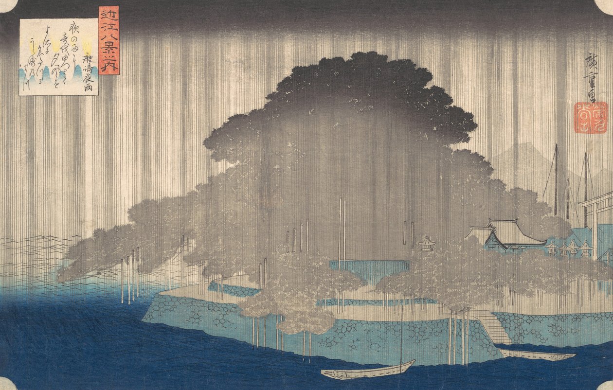 Nachtregen bij Karasaki, uit de serie Acht Zichten van O-mi, ca. 1835 door Ando Hiroshige