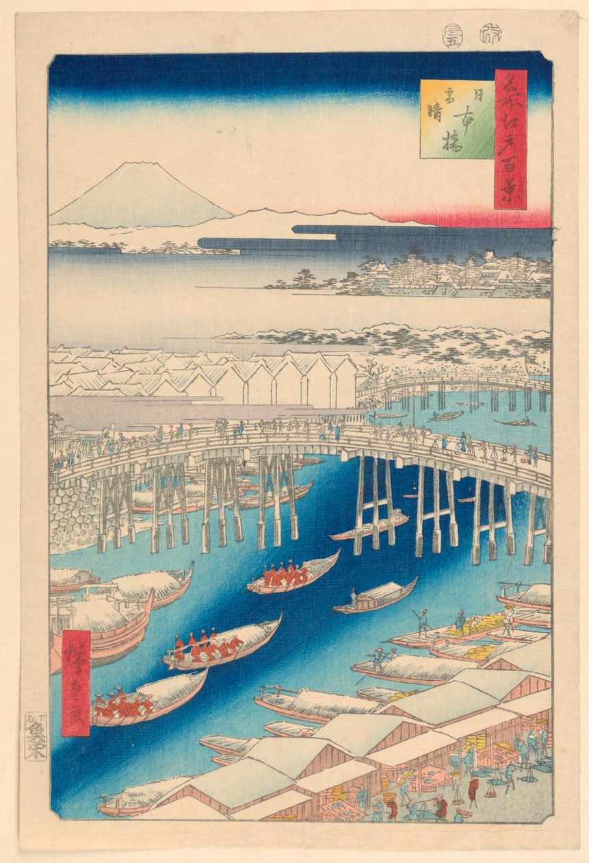 Nihonbashi, Helder Weer na Sneeuw (Nihon-bashi, yuki-bare) Uit de Serie Honderd Beroemde Zichten van Edo door Ando Hiroshige
