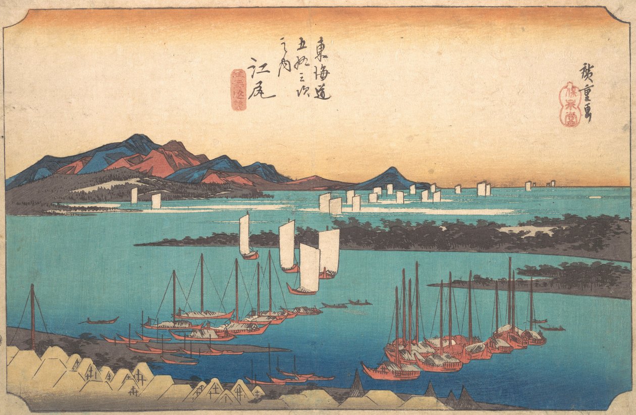 Panorama van Miwo Pine Wood vanuit Ejiri, 1834 door Ando Hiroshige