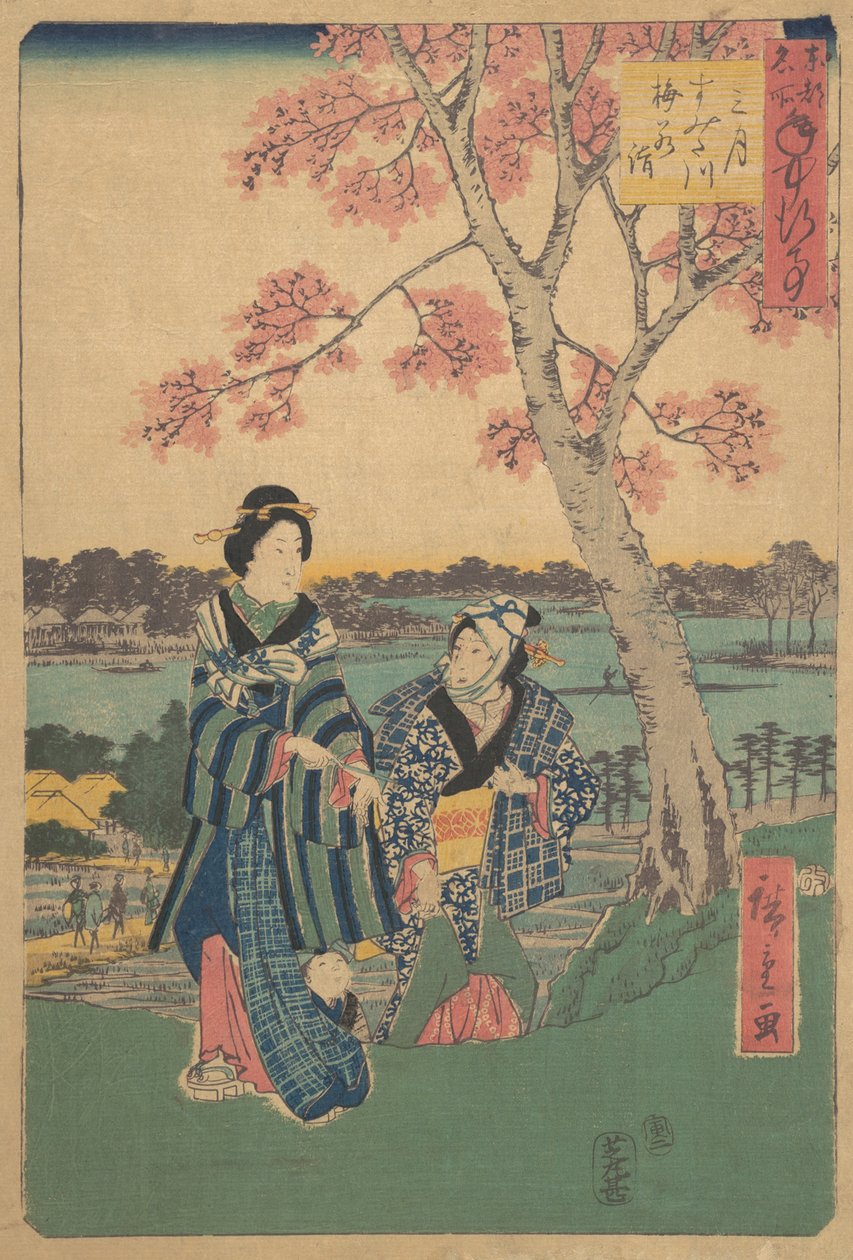 Plum-bloesem bekijken in de derde maand bij de Sumida-rivier uit de serie Jaarlijkse evenementen bij F..., 1854 door Ando Hiroshige