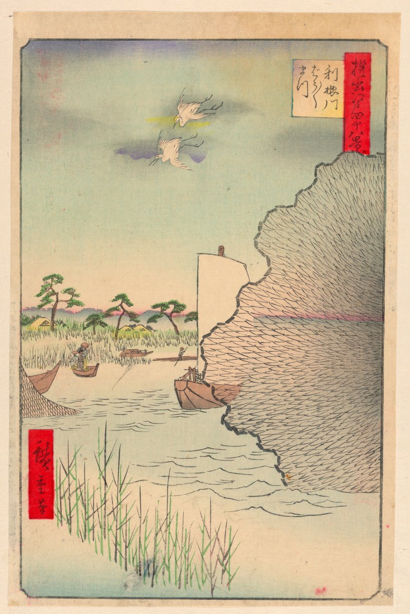 Verspreide dennen langs de Tone-rivier (Tone-gawa, Barabara-matsu) uit de serie Honderd beroemde uitzichten van Edo door Ando Hiroshige